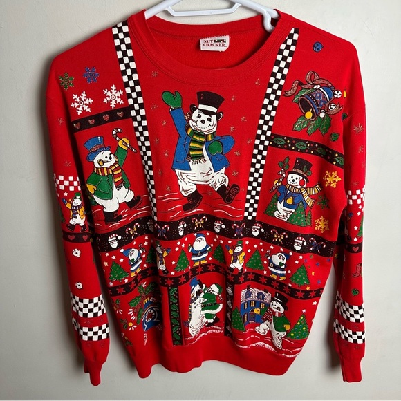 Vintage Christmas Sweatshirt Jumper Women's Size Large Checkered Santa Snowman - Picture 12 of 12